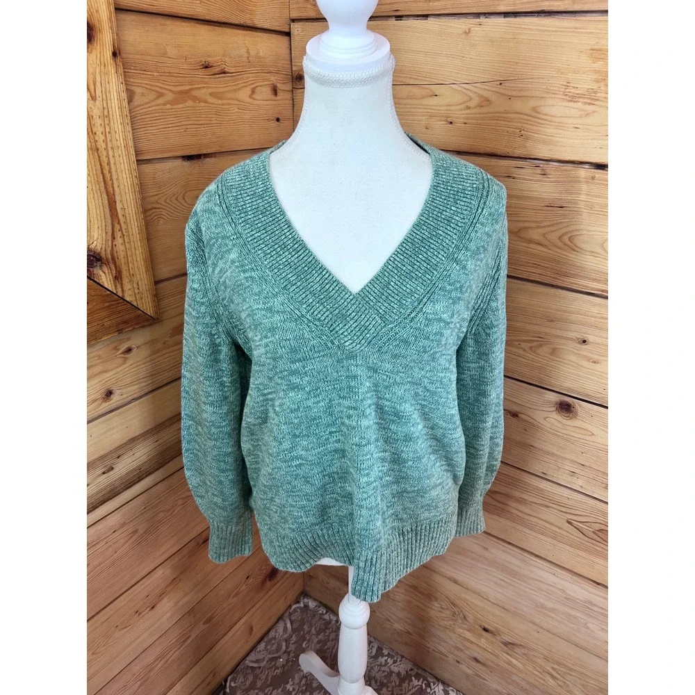 GAP Womens Sage Green Heathered Cotton V-Neck Balloon Sleeve Sweater Size M - Picture 2 of 8